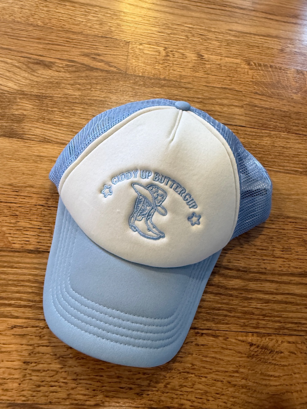 Divided Light Blue and Cream Trucker Hat with Cowboy Embroidery